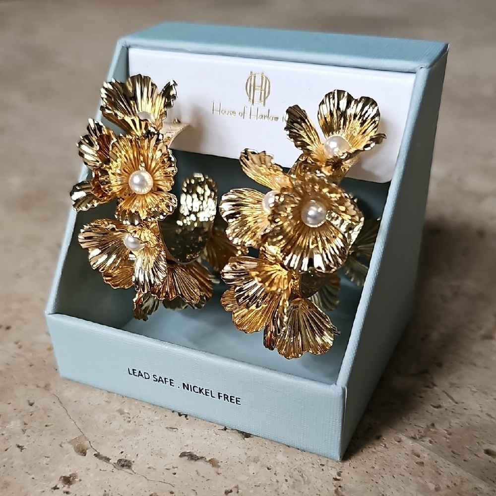 House of Harlow 1960 Gold Floral Hoop Earrings - NWT